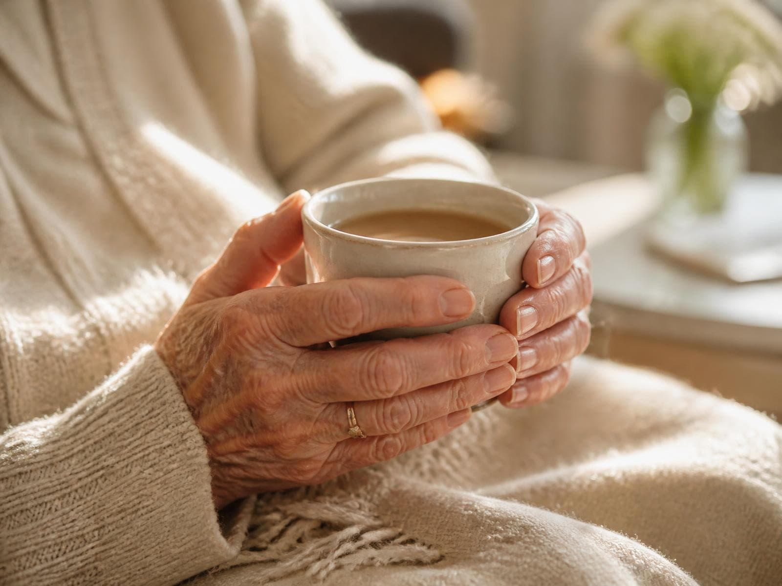 Elderly hands cradling a warm cup in soft morning light